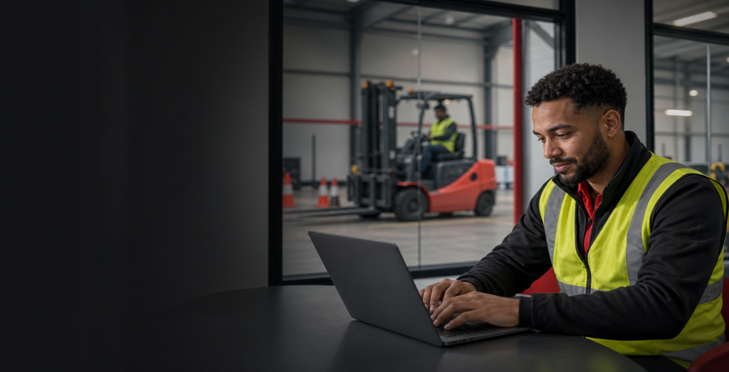 Man using laptop with forklift truck behind him